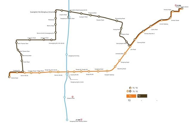 Mapa das estações de bonde em Xangai